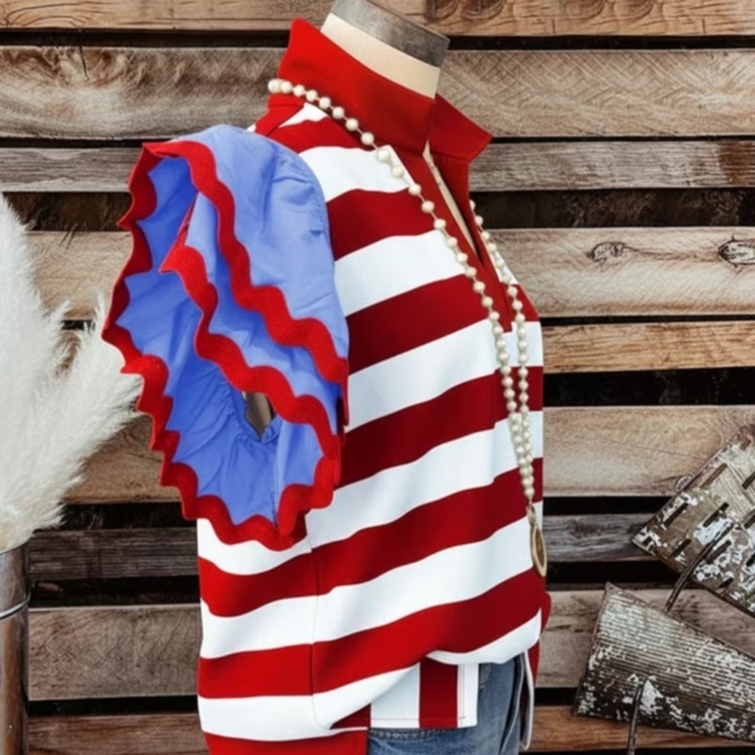 American Vintage Red & White Striped Tunic With Blue Ruffle Sleeve